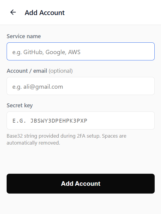 KeySync Add Account Screen