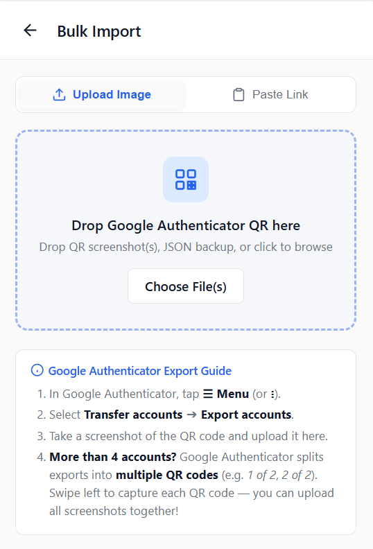 Google Authenticator QR Bulk Import Screen