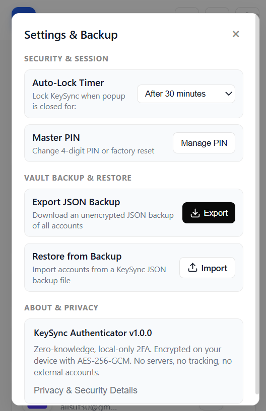 KeySync Settings & Backup Screen